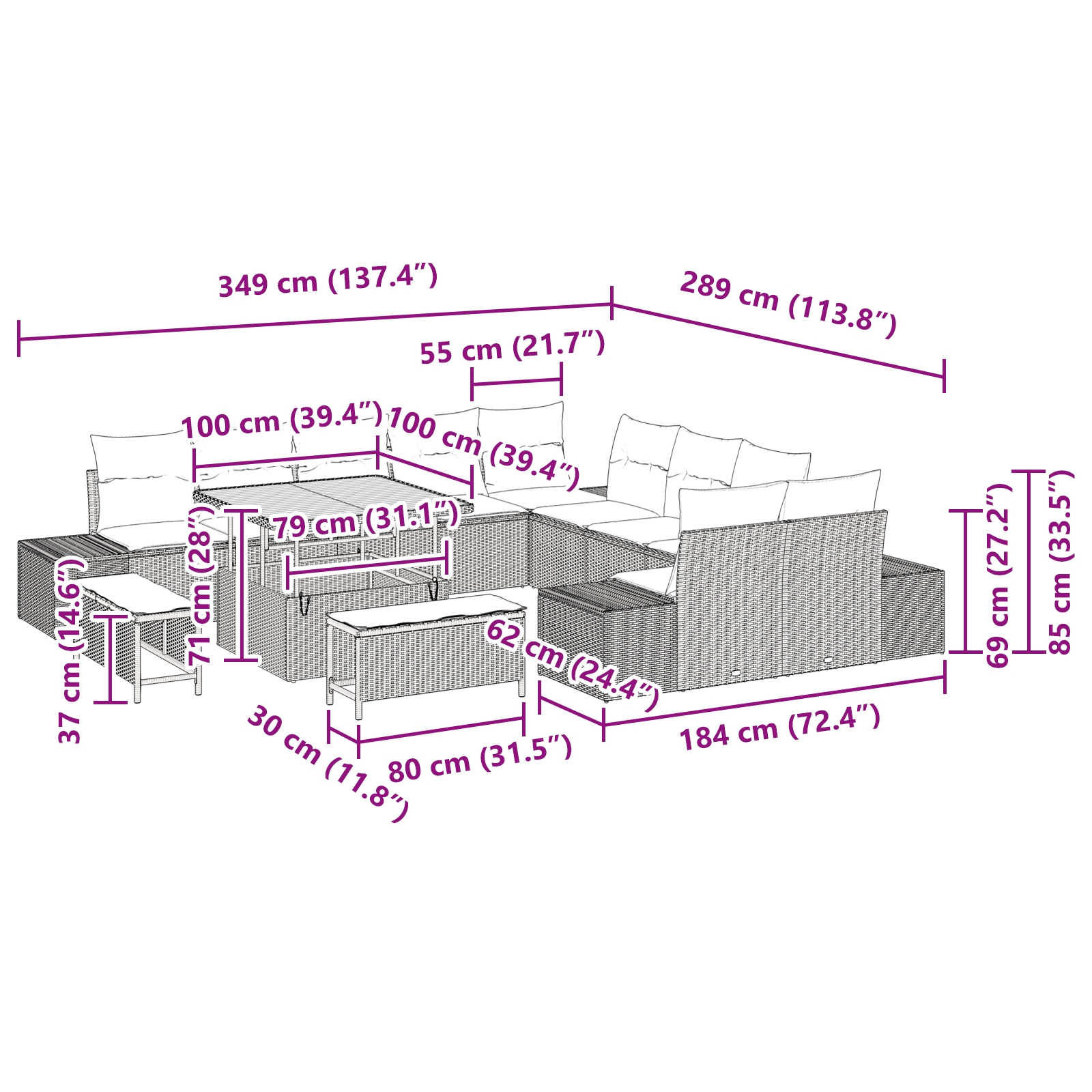 3362837 9 Set de canapele pentru grădină cu pernă 13 pcs Bej Rattan poli Set de canapele pentru grădină cu pernă 13 pcs Bej Rattan poli - imagine 9