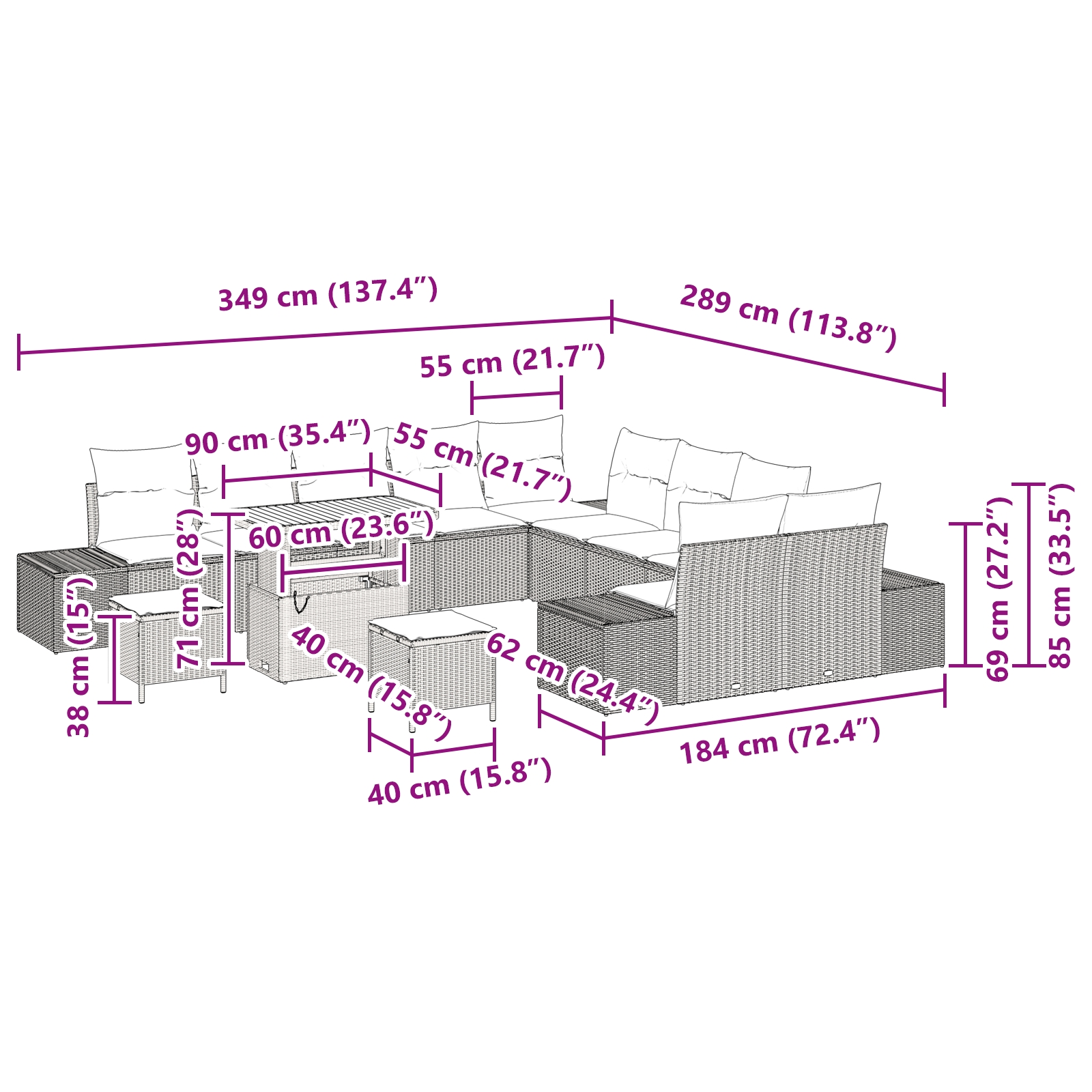 3362846 9 Set de canapele pentru grădină cu pernă 13 pcs Bej Rattan poli Set de canapele pentru grădină cu pernă 13 pcs Bej Rattan poli - imagine 9