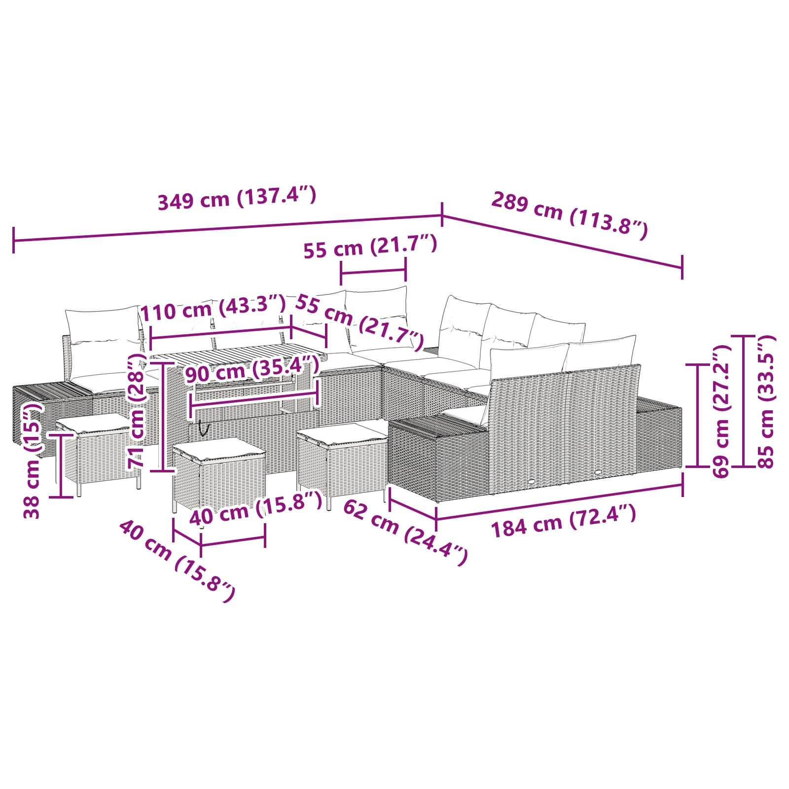 3362849 9 Set de canapele pentru grădină 14 pcs Negru Rattan poli Set de canapele pentru grădină 14 pcs Negru Rattan poli - imagine 9