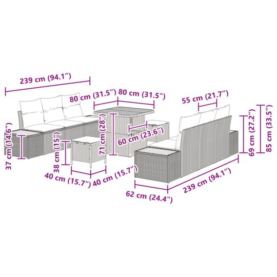 3362867 12 Set de canapele pentru grădină cu pernă 9 pcs Bej Rattan poli 3362867 12