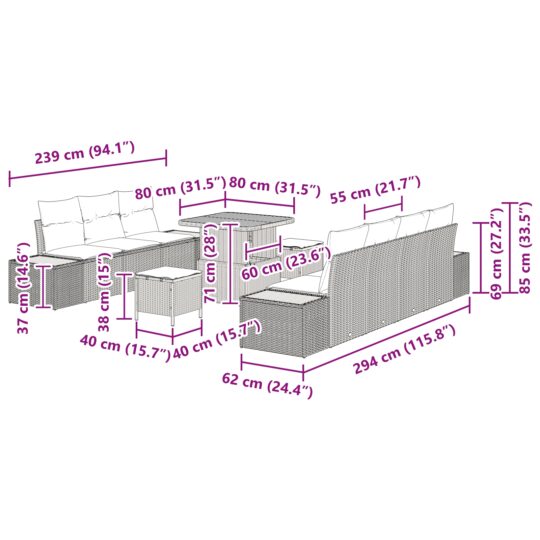 3362877 12 Set de canapele pentru grădină cu pernă 10 pcs Bej Rattan poli 3362877 12