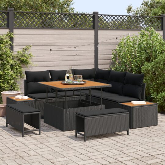 Set de canapele pentru grădină cu pernă 8 pcs Negru Rattan poli