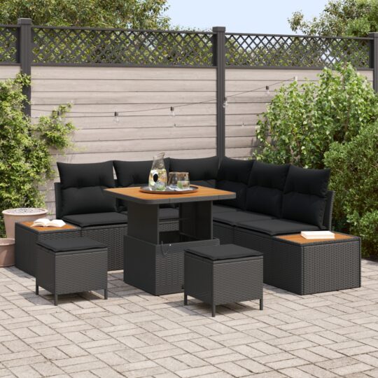 Set de canapele pentru grădină cu pernă 8 pcs Negru Rattan poli