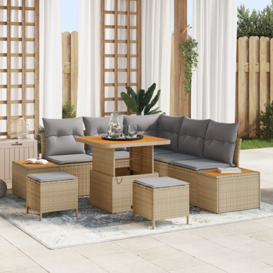 Set de canapele pentru grădină cu pernă 8 pcs Bej Rattan poli