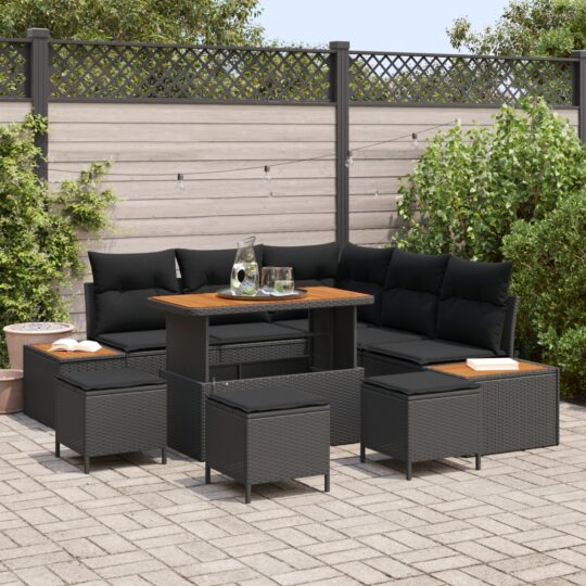 Set de canapele pentru grădină cu pernă 9 pcs Negru Rattan poli