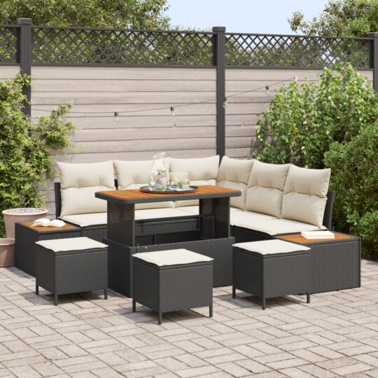 Set de canapele pentru grădină cu pernă 9 pcs Negru Rattan poli