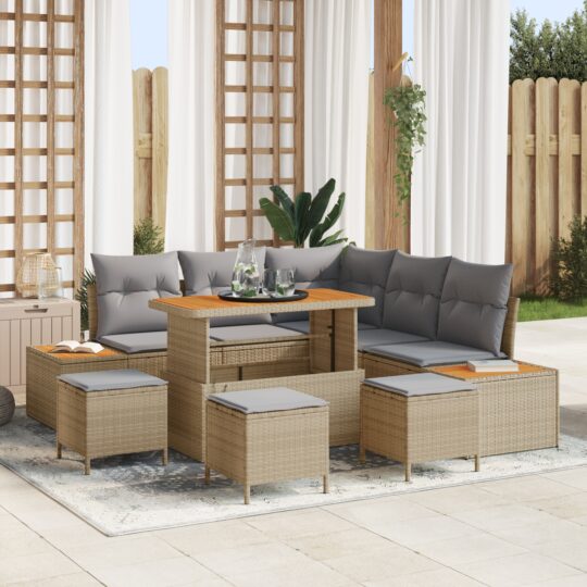 Set de canapele pentru grădină cu pernă 9 pcs Bej Rattan poli