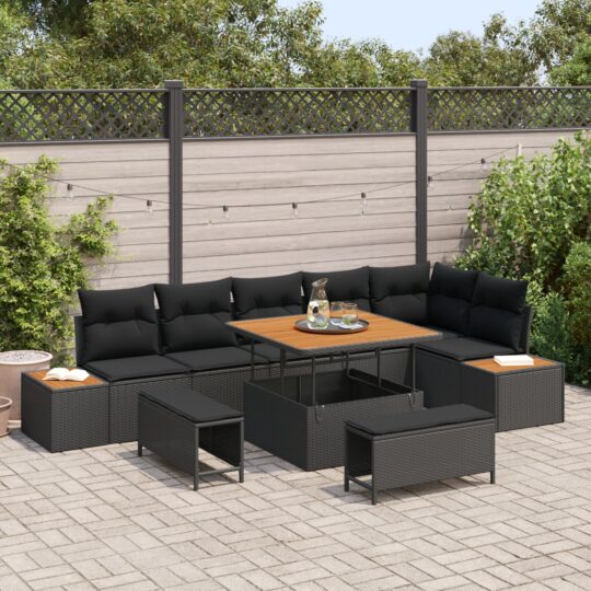 Set de canapele pentru grădină cu pernă 9 pcs Negru Rattan poli