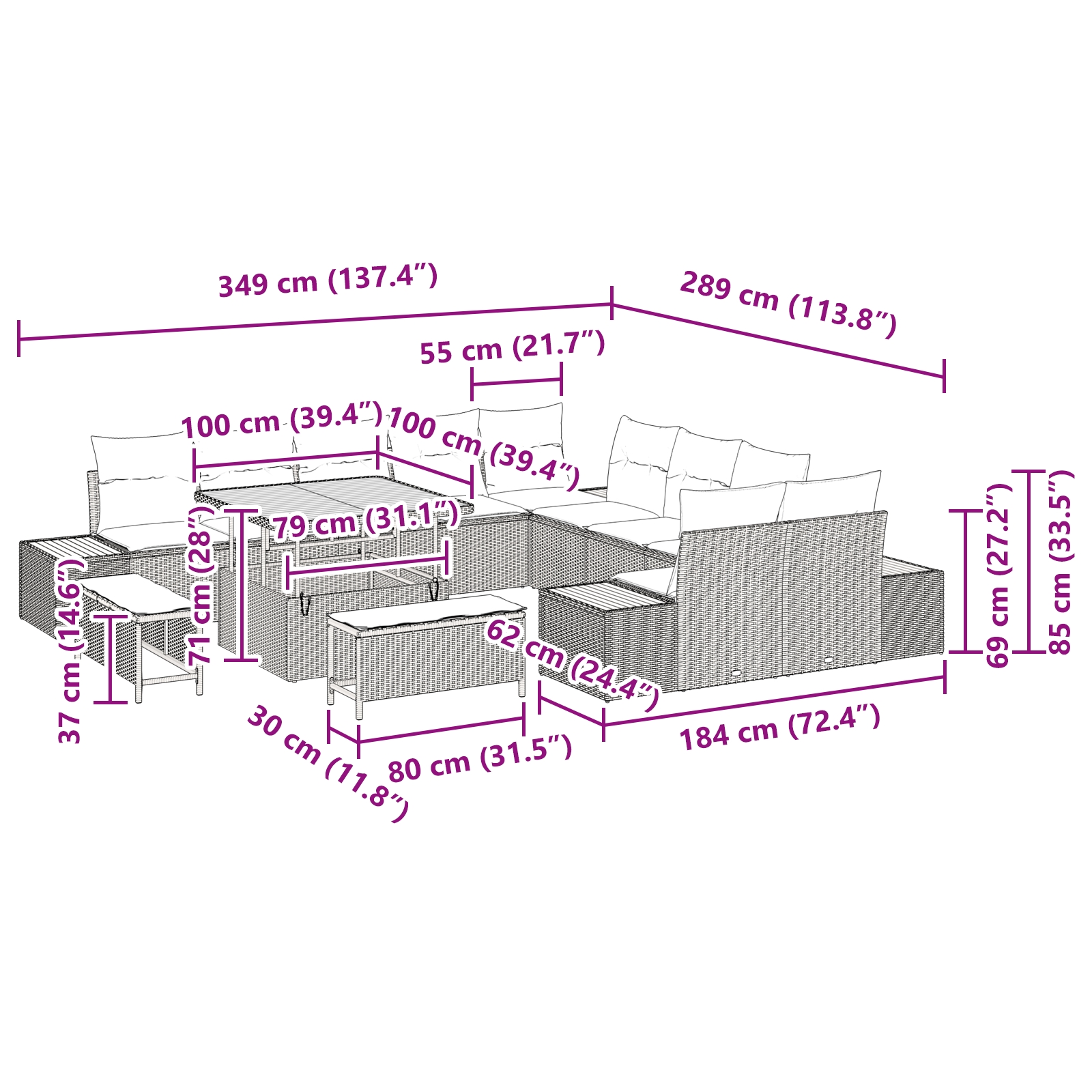 3362968 12 Set de canapele pentru grădină cu pernă 13 pcs Gri Rattan poli Set de canapele pentru grădină cu pernă 13 pcs Gri Rattan poli - imagine 12