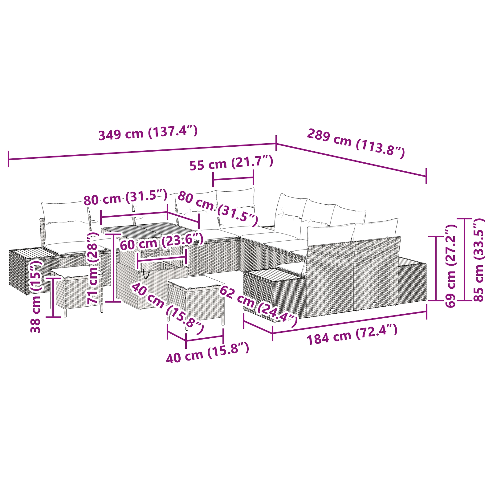 3362969 12 Set de canapele pentru grădină 13 pcs Negru Rattan poli Set de canapele pentru grădină 13 pcs Negru Rattan poli - imagine 12