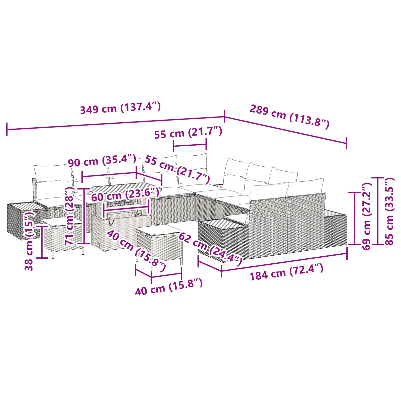 3362977 12 Set de canapele pentru grădină cu pernă 13 pcs Bej Rattan poli Set de canapele pentru grădină cu pernă 13 pcs Bej Rattan poli - imagine 12