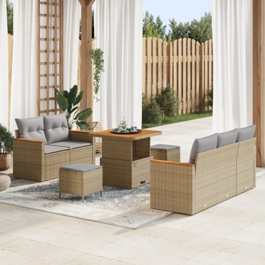 Set de canapele pentru grădină cu pernă 8 pcs Bej Rattan poli