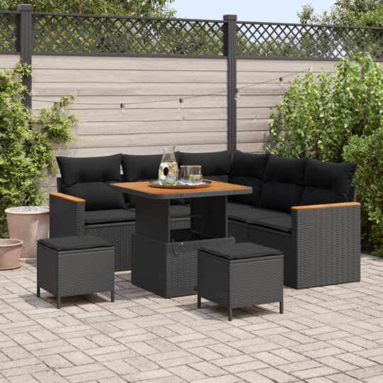 Set de canapele pentru grădină cu pernă 8 pcs Negru Rattan poli