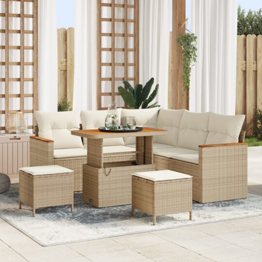 Set de canapele pentru grădină cu pernă 8 pcs Bej Rattan poli