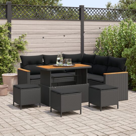 Set de canapele pentru grădină cu pernă 9 pcs Negru Rattan poli