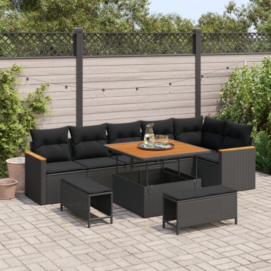 Set de canapele pentru grădină cu pernă 9 pcs Negru Rattan poli