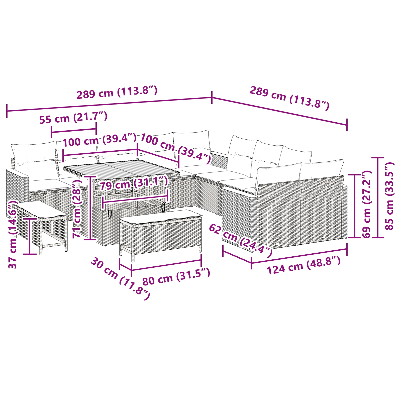 3363097 12 Set de canapele pentru grădină cu pernă 13 pcs Bej Rattan poli Set de canapele pentru grădină cu pernă 13 pcs Bej Rattan poli - imagine 12