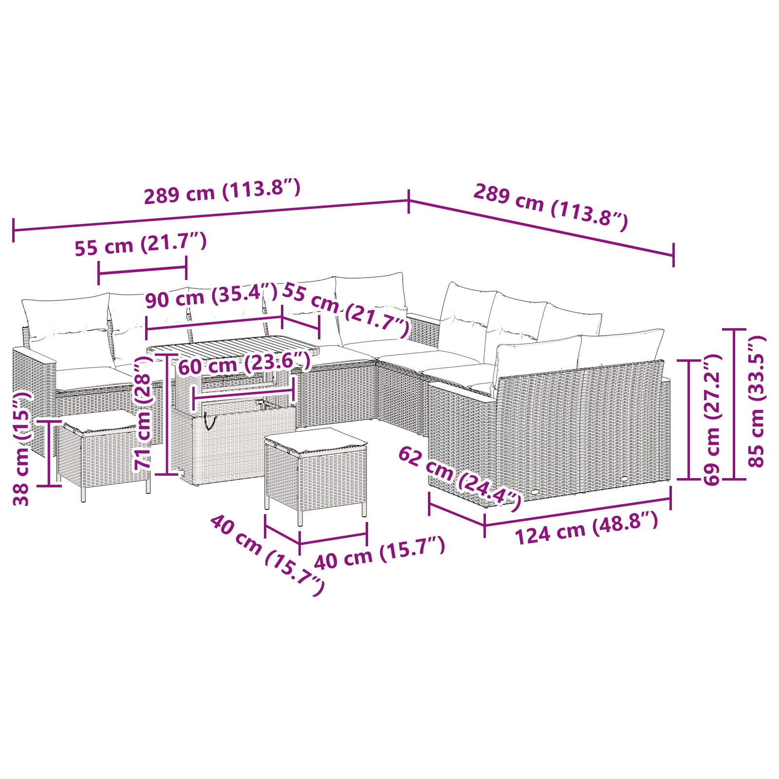 3363106 12 Set de canapele pentru grădină cu pernă 13 pcs Bej Rattan poli Set de canapele pentru grădină cu pernă 13 pcs Bej Rattan poli - imagine 12