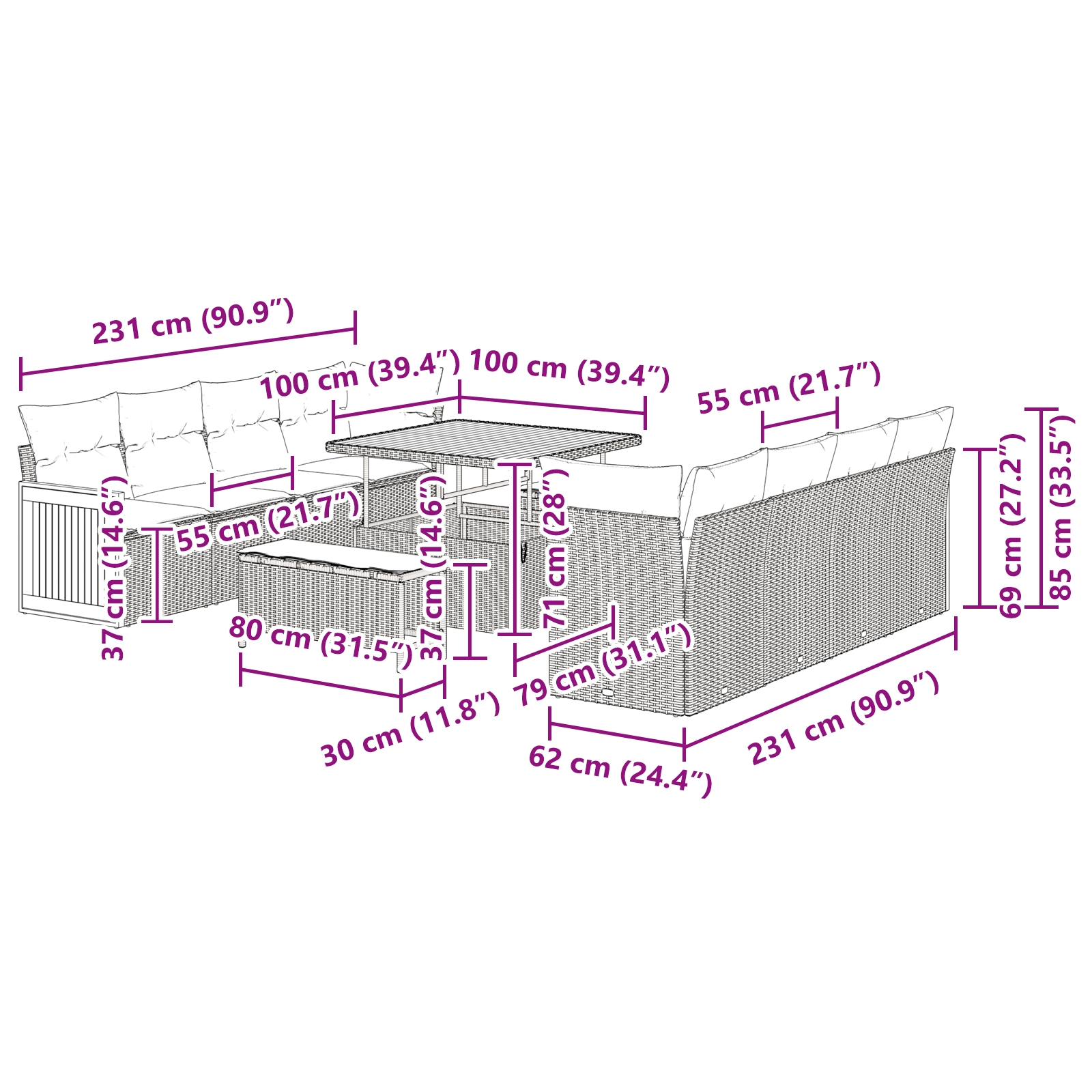 3363285 10 Set de canapele pentru grădină cu pernă 11 pcs negru și crem Set de canapele pentru grădină cu pernă 11 pcs negru și crem - imagine 10