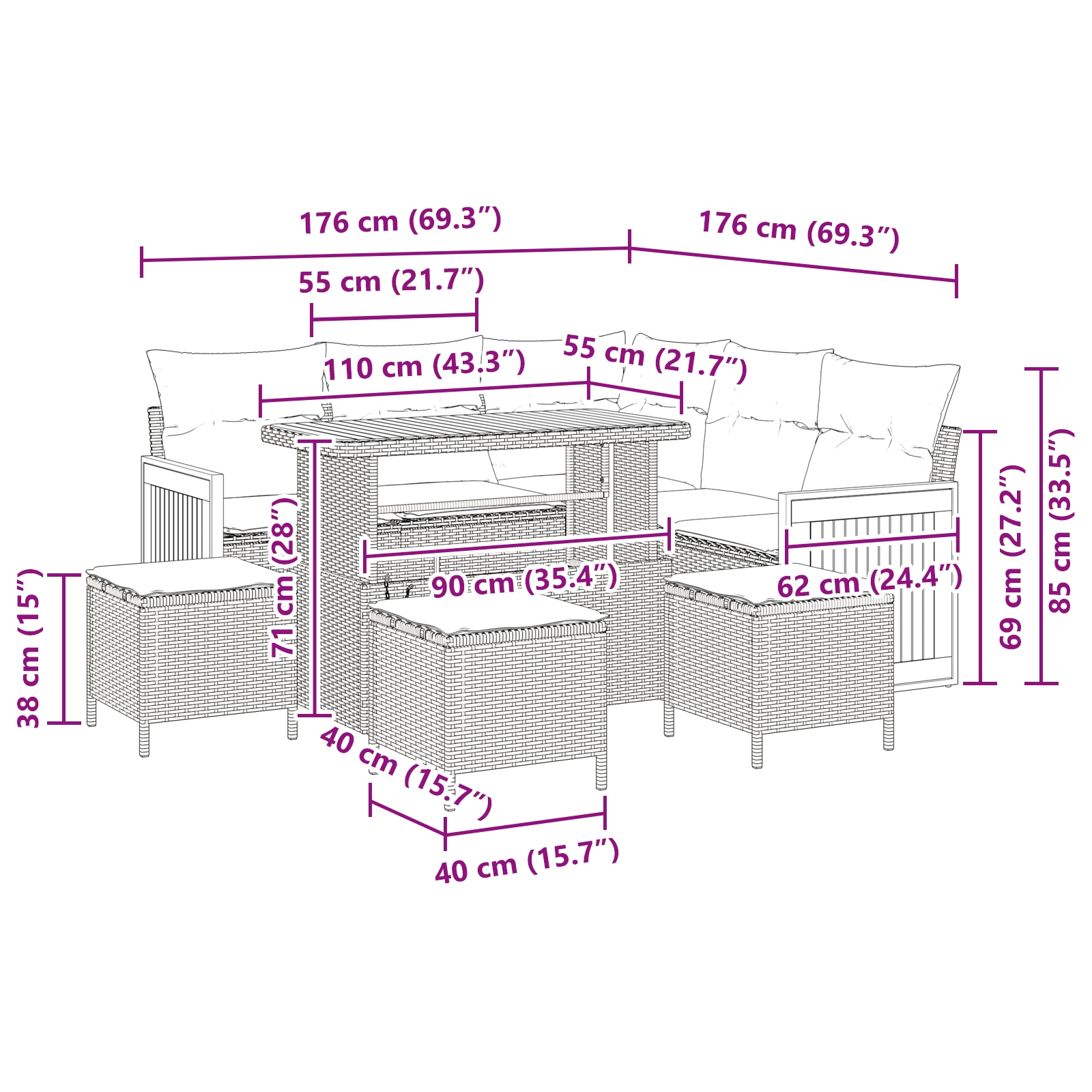 3363313 10 Set de canapele pentru grădină 9 pcs Gri 110 x 55 x 71 cm Set de canapele pentru grădină 9 pcs Gri 110 x 55 x 71 cm - imagine 10