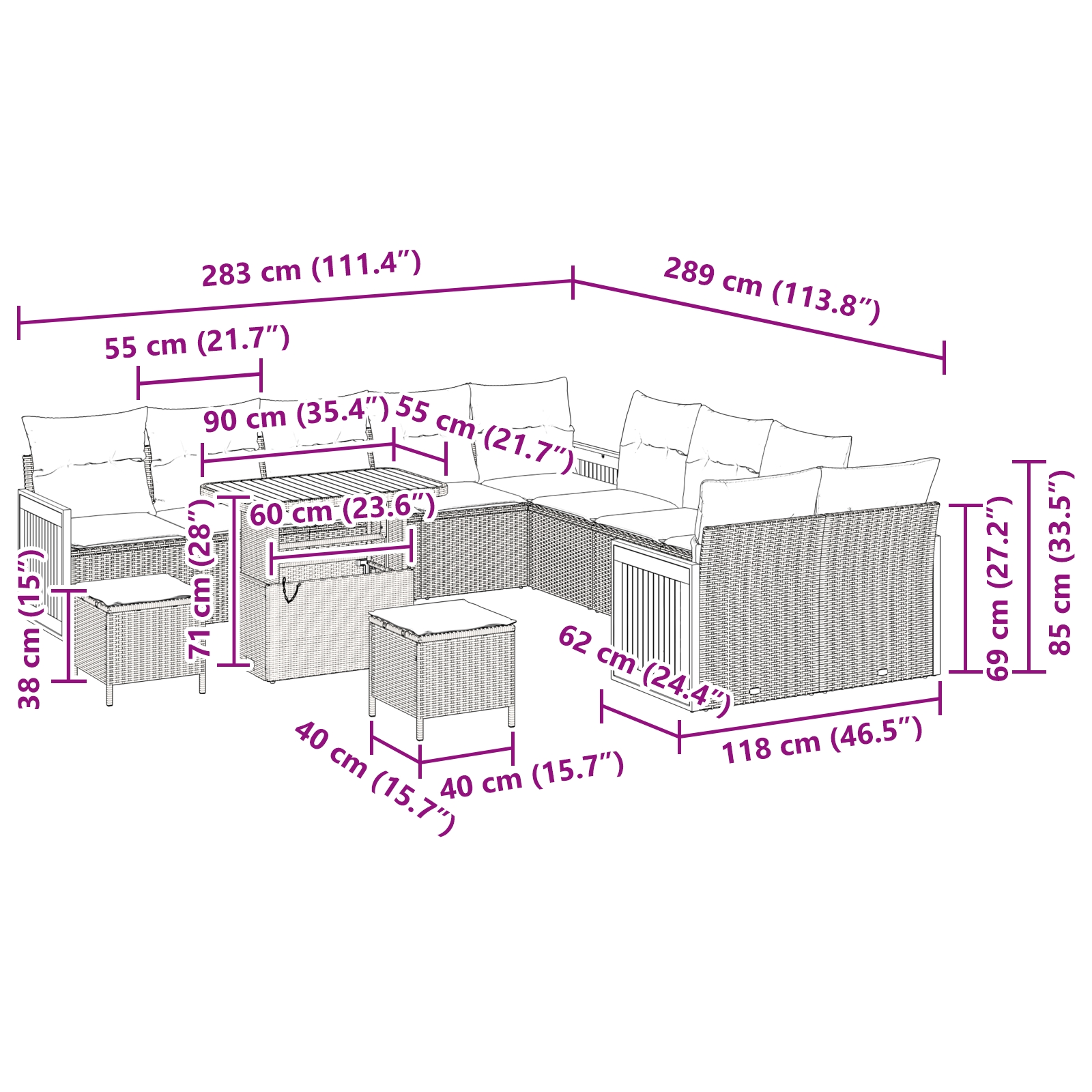 3363365 9 Set de canapele pentru grădină cu pernă 13 pcs negru și crem Set de canapele pentru grădină cu pernă 13 pcs negru și crem - imagine 9