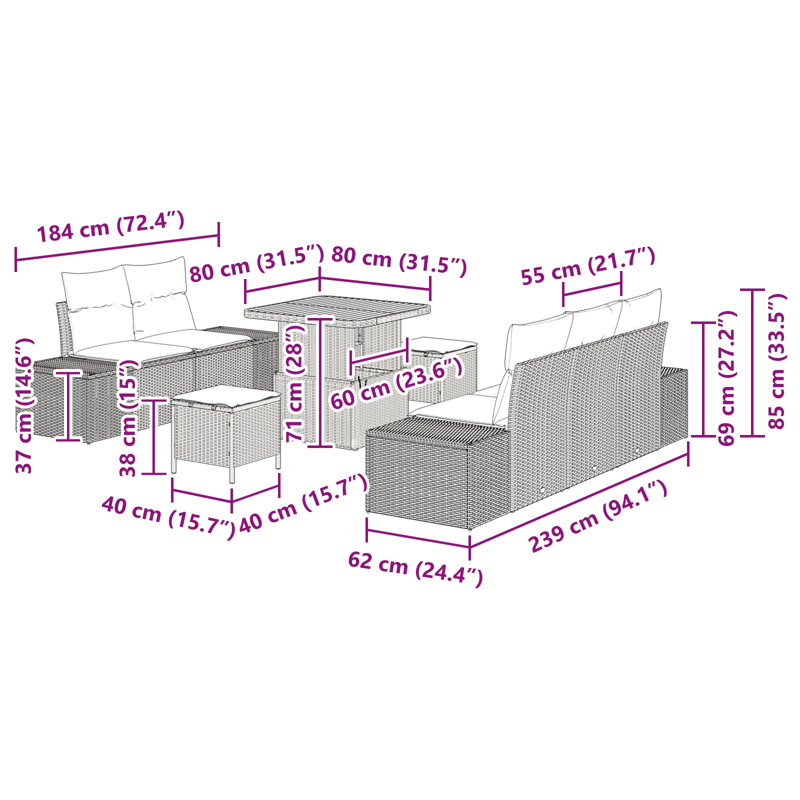3364680 12 Set de canapele pentru grădină cu pernă 8 pcs Negru și Crem Set de canapele pentru grădină cu pernă 8 pcs Negru și Crem - imagine 12