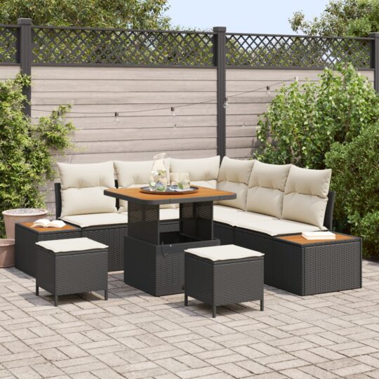Set de canapele pentru grădină cu pernă 8 pcs Negru Rattan poli