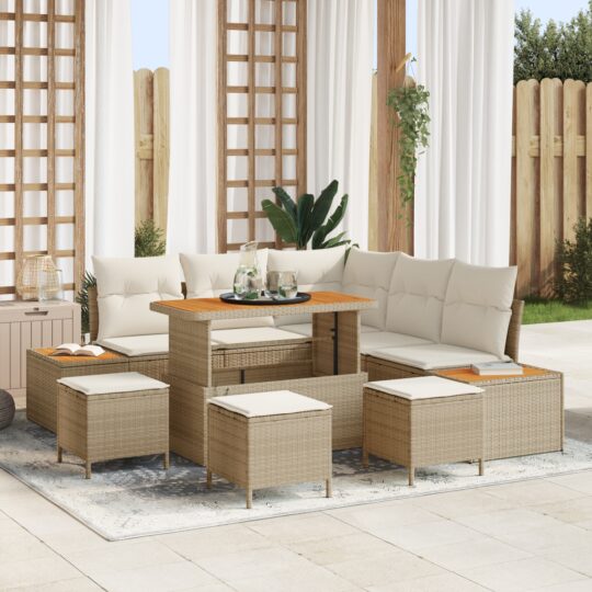 Set de canapele pentru grădină cu pernă 9 pcs Bej Rattan poli