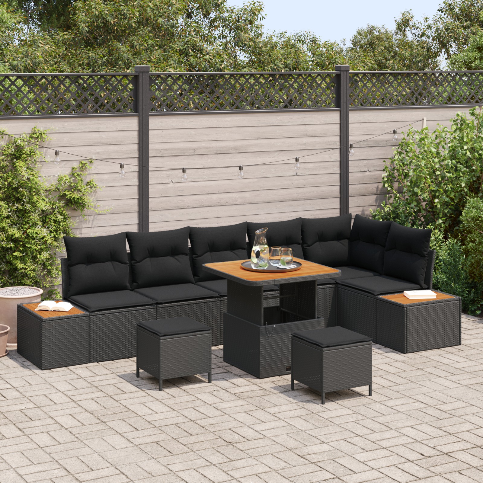 3364879 1 Set de canapele pentru grădină cu pernă 9 pcs Negru Rattan poli Set de canapele pentru grădină cu pernă 9 pcs Negru Rattan poli