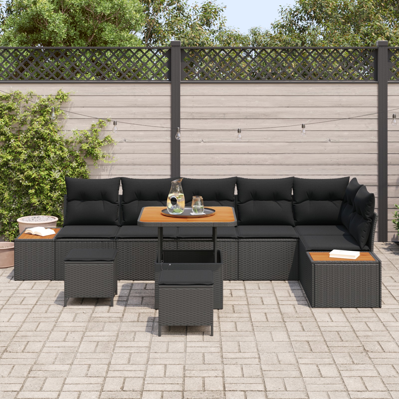 3364879 3 Set de canapele pentru grădină cu pernă 9 pcs Negru Rattan poli Set de canapele pentru grădină cu pernă 9 pcs Negru Rattan poli - imagine 3
