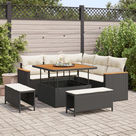 Set de canapele pentru grădină cu pernă 8 pcs Negru Rattan poli
