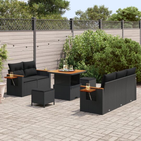 3365064 3 Set de canapele pentru grădină cu pernă 8 pcs Negru Rattan poli 3365064 3