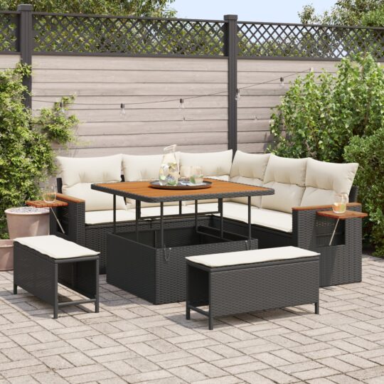 Set de canapele pentru grădină cu pernă 8 pcs Negru Rattan poli