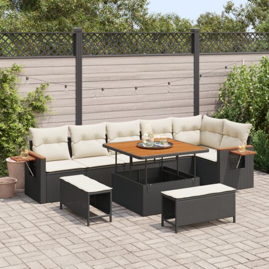 Set de canapele pentru grădină cu pernă 9 pcs Negru Rattan poli