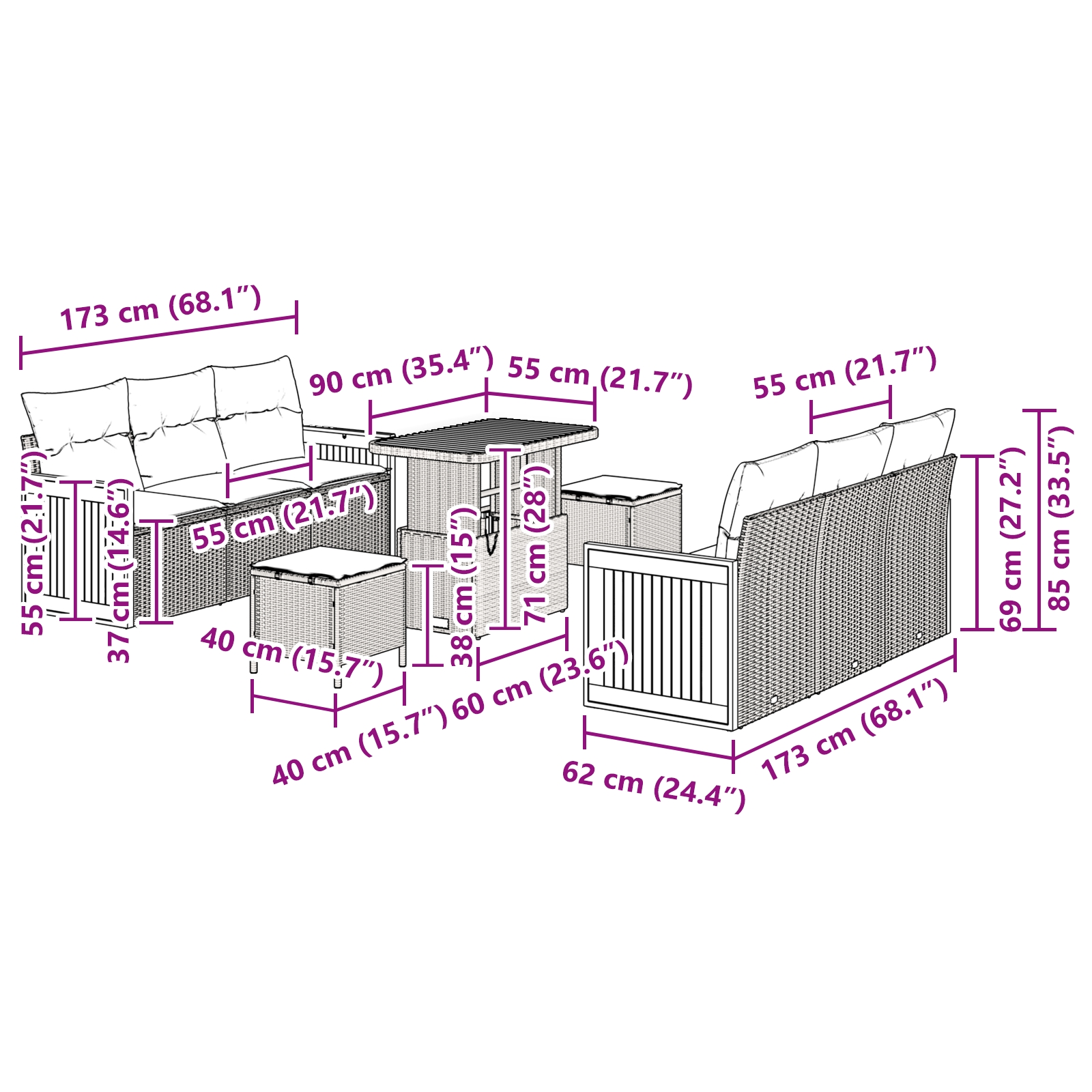 3365212 12 Set de canapele pentru grădină 9 pcs Bej 90 x 55 x 71 cm Set de canapele pentru grădină 9 pcs Bej 90 x 55 x 71 cm - imagine 12