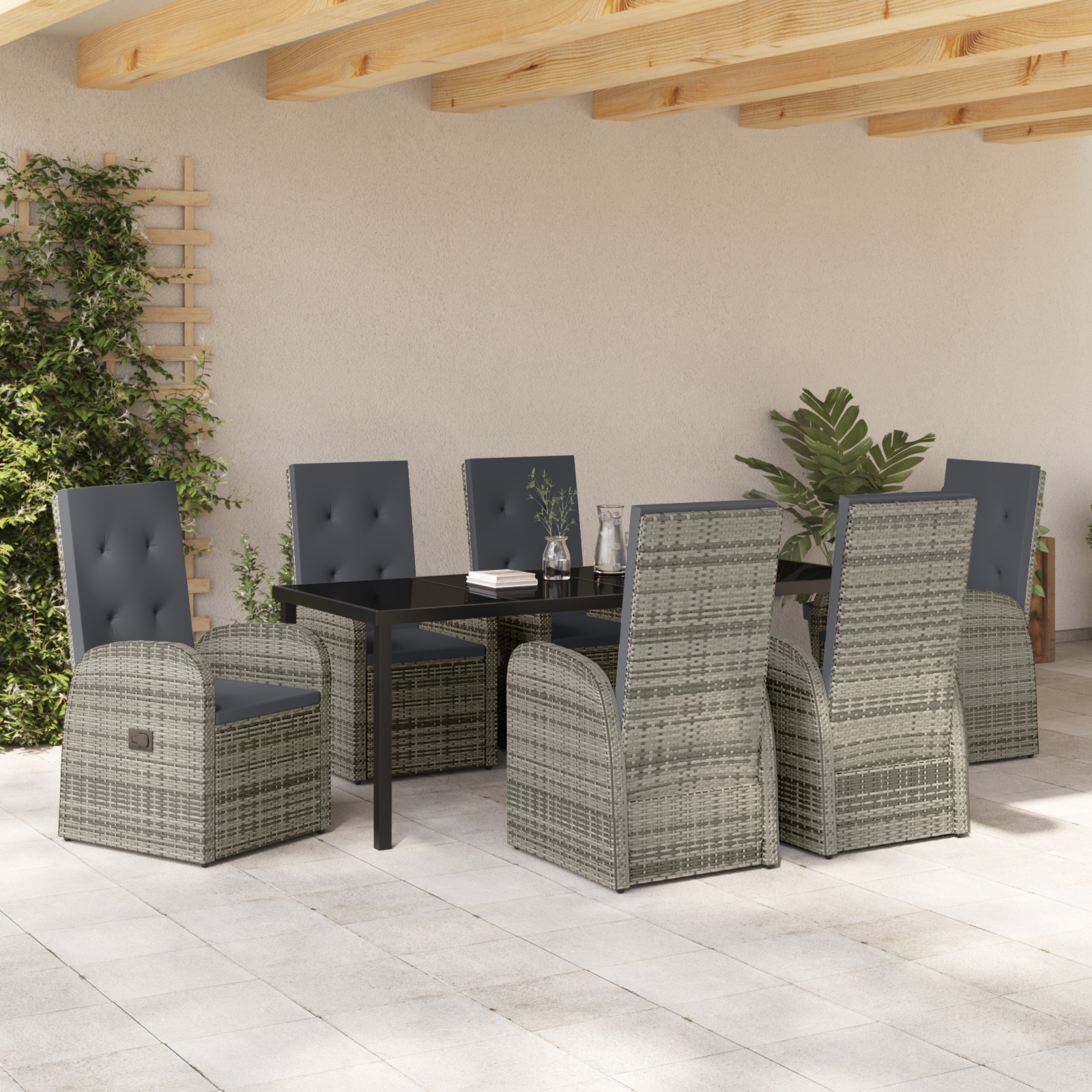 3379497 4 Set de dining pentru grădină 7 piese cu perne gri din rattan poli Set de dining pentru grădină 7 piese cu perne gri din rattan poli - imagine 4