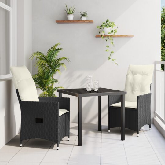 Set de masă pentru grădină cu pernă 3 pcs Negru Rattan poli