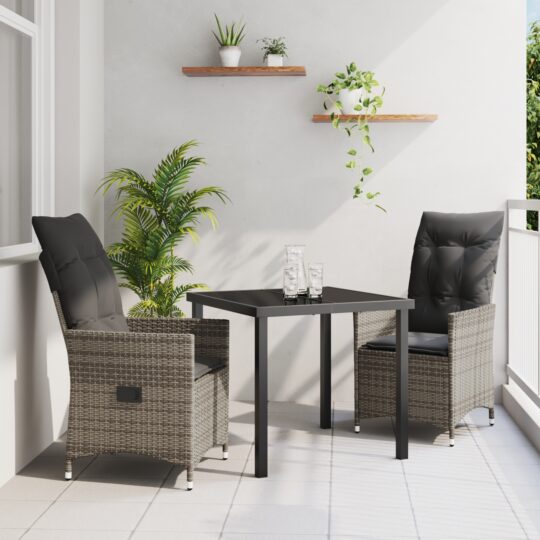 Set de masă pentru grădină cu pernă 3 pcs Gri Rattan poli