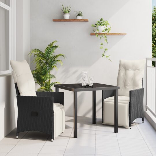 Set de masă pentru grădină cu pernă 3 pcs Negru Rattan poli