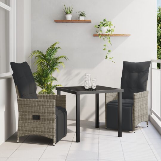 Set de masă pentru grădină cu pernă 3 pcs Gri Rattan poli