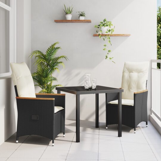 Set de masă pentru grădină cu pernă 3 pcs Negru Rattan poli