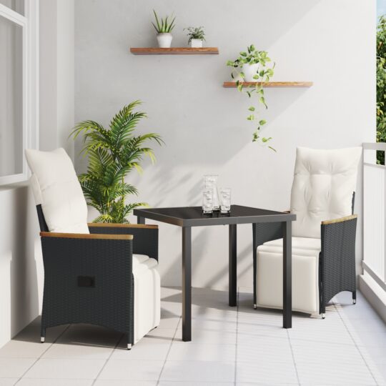 Set de masă pentru grădină cu pernă 3 pcs Negru Rattan poli