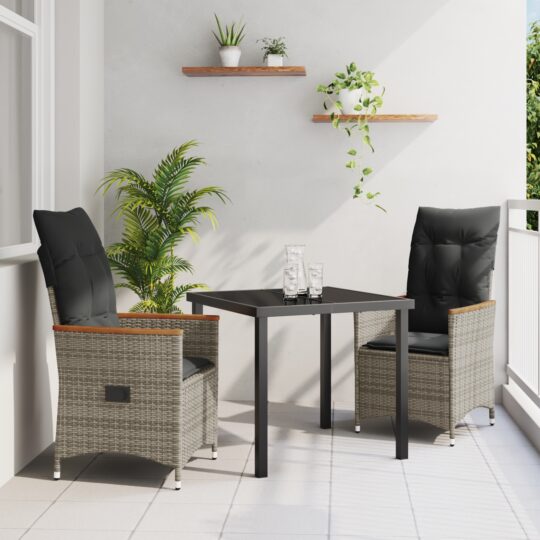 Set de masă pentru grădină cu pernă 3 pcs Gri Rattan poli