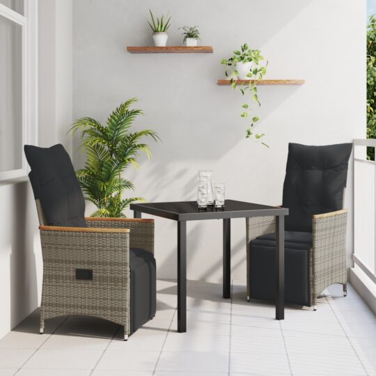 Set de masă pentru grădină cu pernă 3 pcs Gri Rattan poli