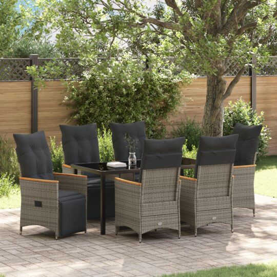 Set de masă pentru grădină cu pernă 7 pcs Gri Rattan poli