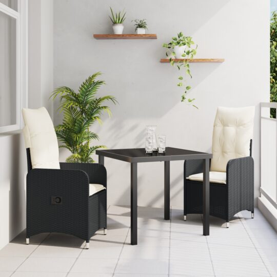 Set de masă pentru grădină cu pernă 3 pcs Negru Rattan poli