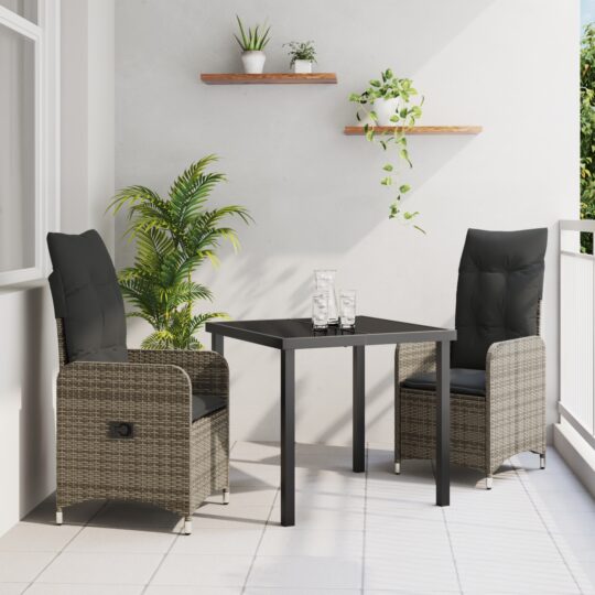 Set de masă pentru grădină cu pernă 3 pcs Gri Rattan poli