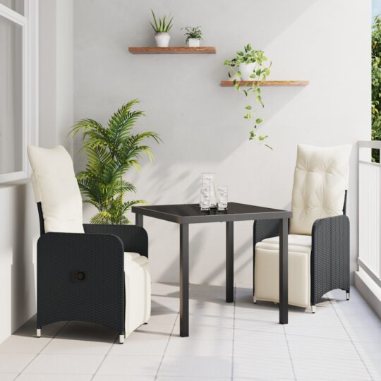 Set de masă pentru grădină cu pernă 3 pcs Negru Rattan poli