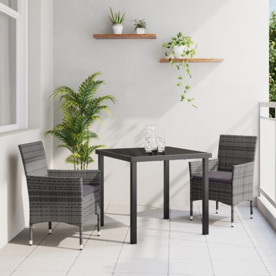 Set de masă pentru grădină cu pernă 3 pcs Gri Rattan poli