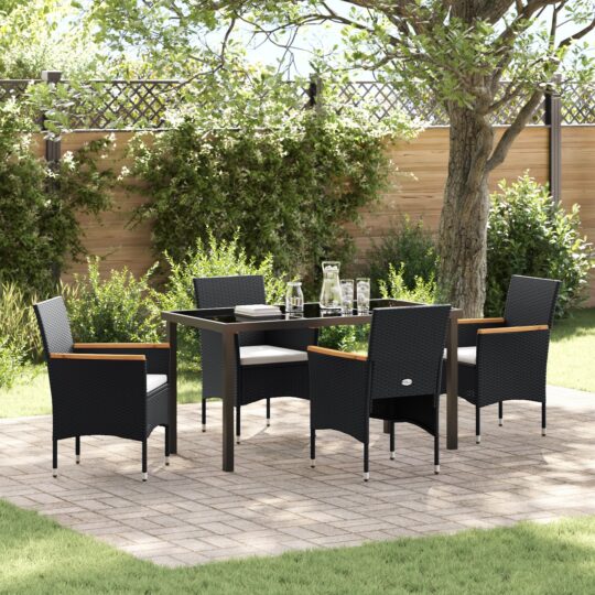 Set de masă pentru grădină cu pernă 5 pcs Negru Rattan poli